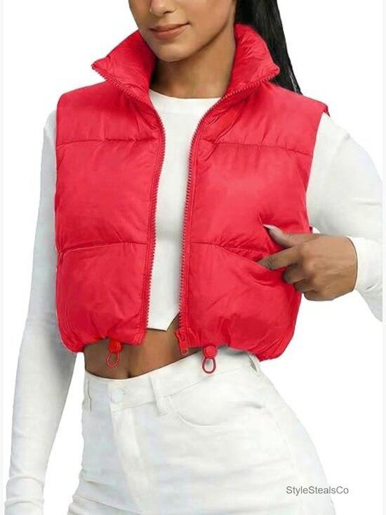 Jackets & Blazers - Lightweight Puffer Vest with High Collar, Adjustable Hem, Sleeveless Crop Gilet